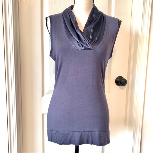 Saint Tropez West Tops - SAINT TROPEZ WEST Navy Blue Satin Neckline Top—Med
